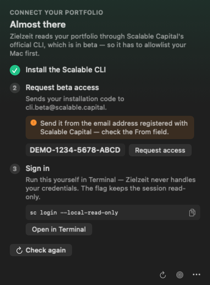 Zielzeit's onboarding checklist: install the CLI, request beta access, sign in, each with a copy button
